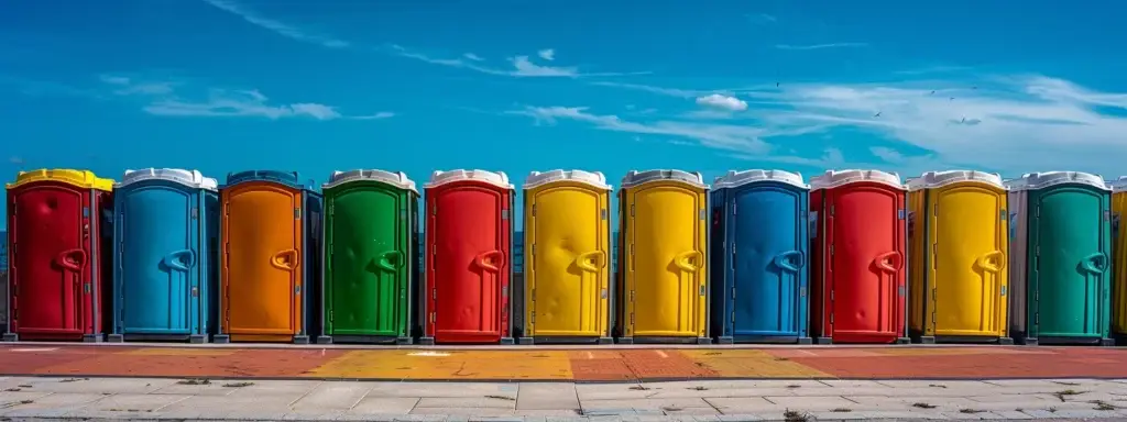 Colorful row of porta potties in vibrant hues, highlighting options for portable restroom rentals, relevant to boosting porta potty business visibility and customer engagement.