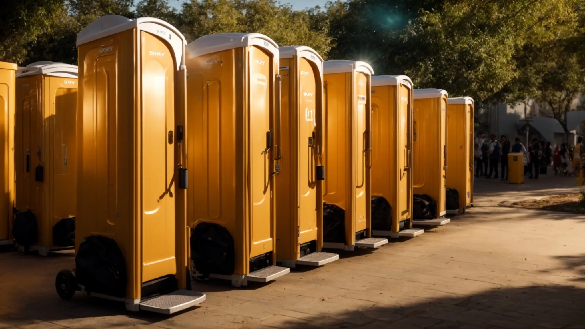 Row of bright yellow portable restrooms in an outdoor setting, showcasing effective sanitation solutions for events, relevant to porta potty rental and septic service marketing.