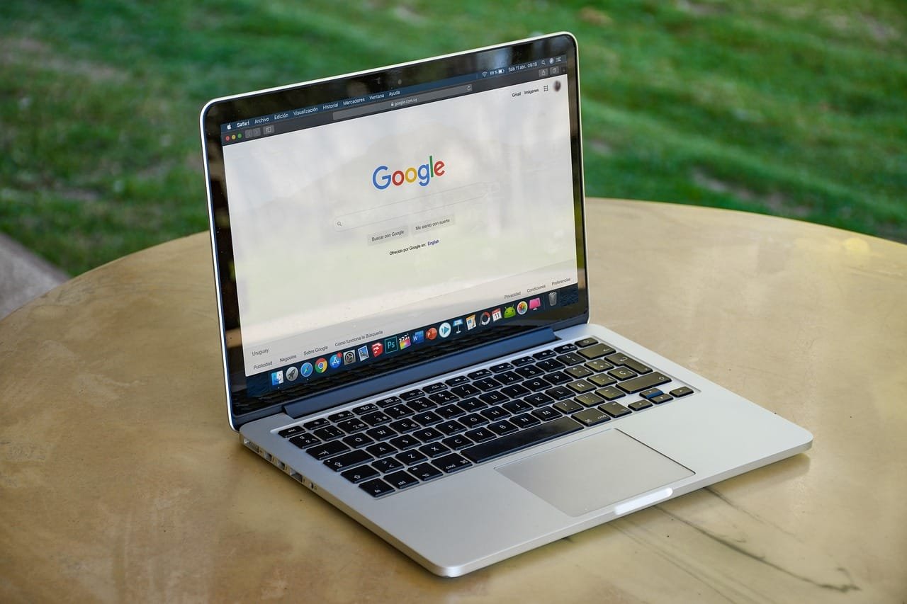 Laptop displaying Google search page, symbolizing online advertising and lead generation for porta potty rental businesses.
