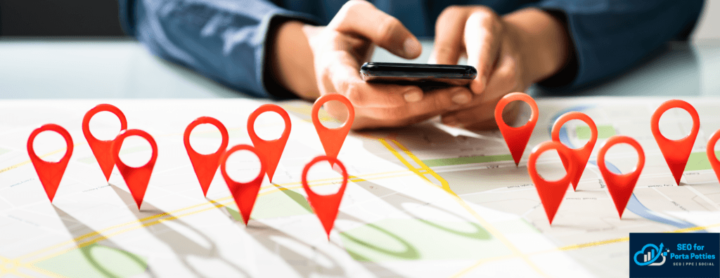 Person using smartphone overlaid on a map with red location pins, illustrating Google Business Profile optimization for local search visibility in digital marketing.