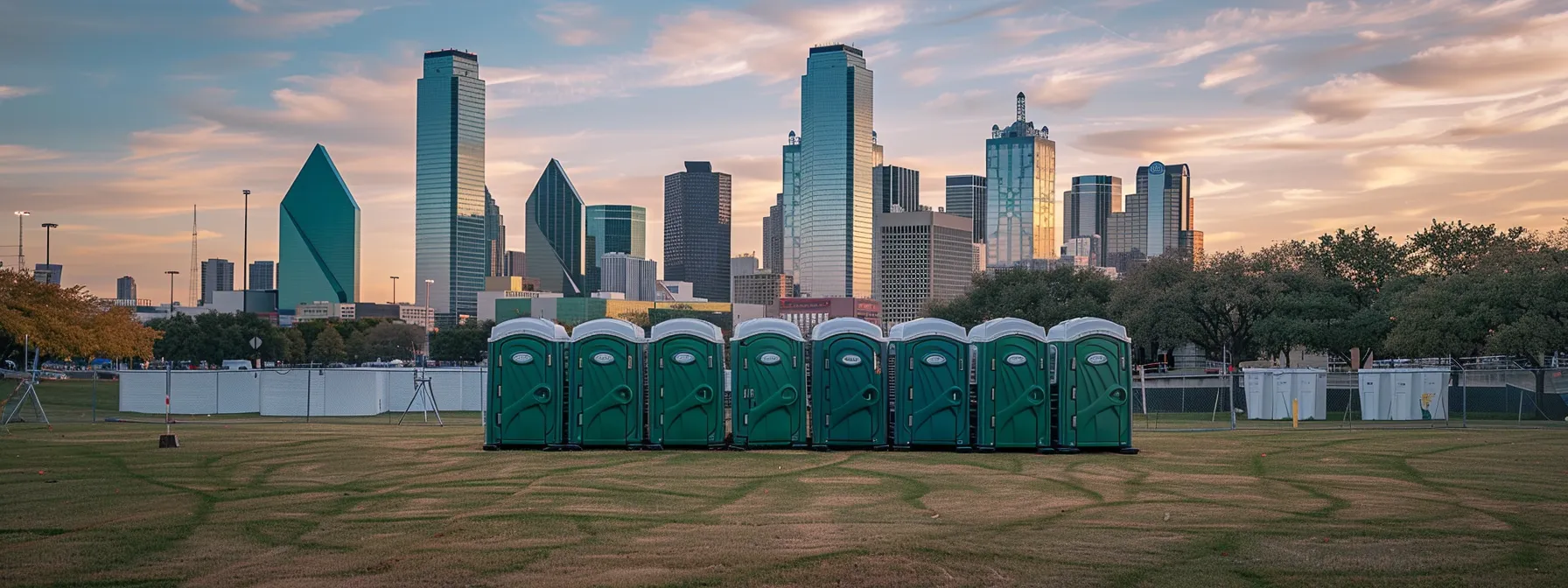 Dallas skyline with modern skyscrapers and green portable restrooms in a grassy area, highlighting portable restroom services for events and construction sites.