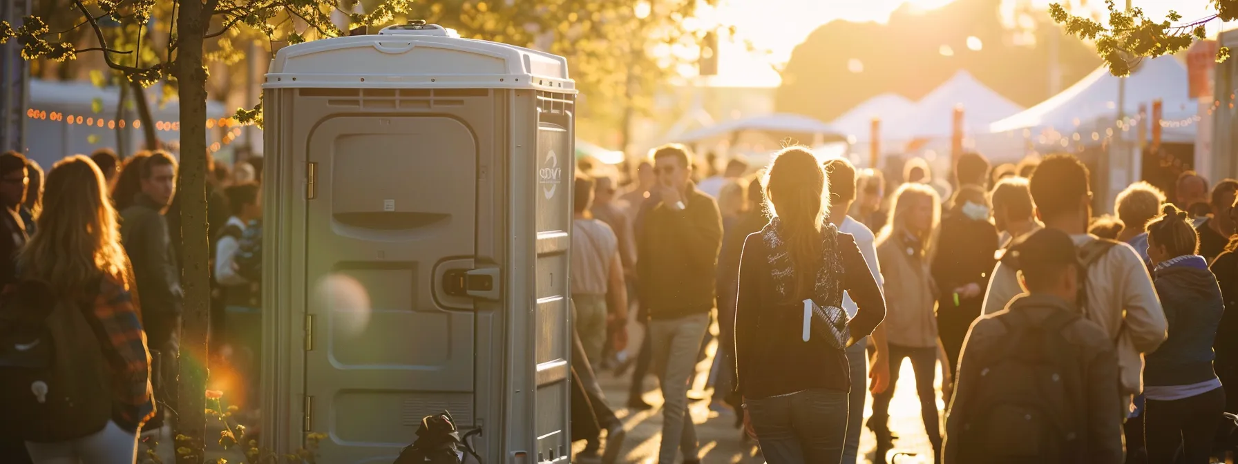 Vibrant outdoor event scene featuring a portable restroom surrounded by a crowd of people in sunlight, illustrating the importance of porta potty rentals for large gatherings.