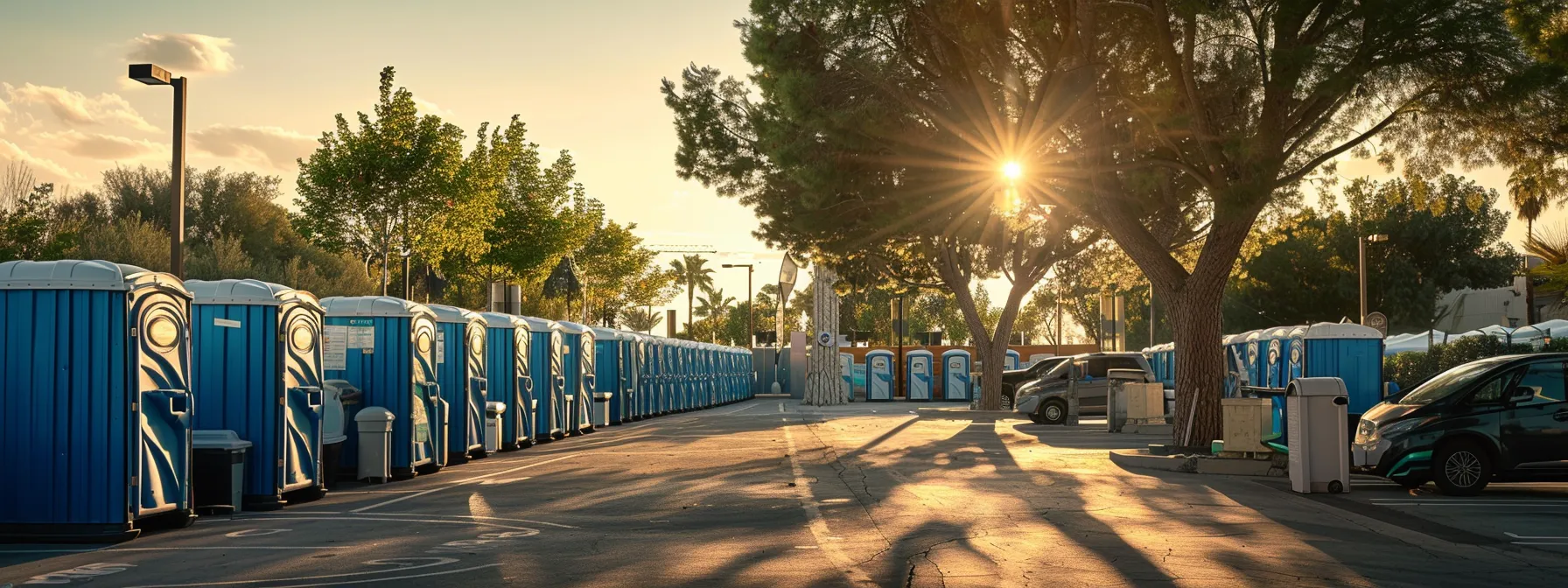 Vibrant outdoor setting featuring a row of blue portable restrooms under a sunset, highlighting the effectiveness of portable restroom services for events and construction sites.
