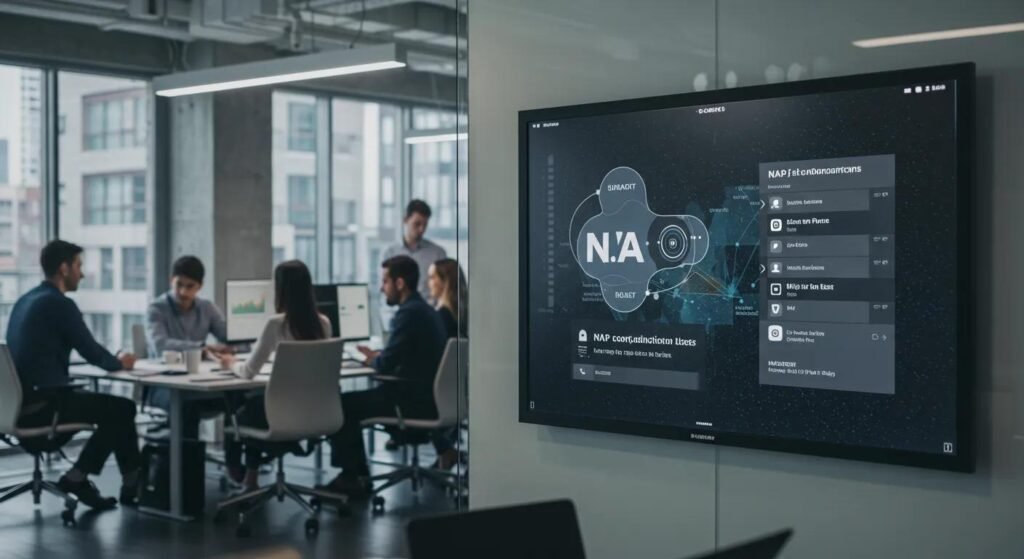 Meeting room with professionals discussing NAP (Name, Address, Phone) coordination, displaying a digital screen with NAP data visualization and analytics.