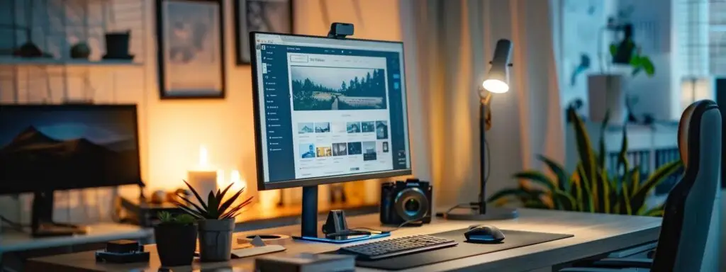 a modern office workspace features a sleek computer monitor displaying a website with bold, clear nap details strategically positioned in the header and footer, illuminated by focused task lighting that emphasizes the importance of online consistency for local seo.
