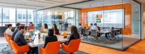 Modern office workspace with professionals collaborating around a table, featuring a glass-walled conference room, vibrant orange chairs, and a large screen displaying digital content, emphasizing teamwork and productivity in a business environment.