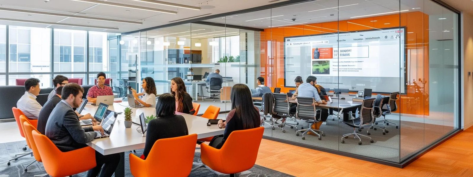 Modern office workspace with diverse professionals collaborating around a large table, laptops open, in a bright, glass-walled meeting room featuring orange accents and a digital presentation screen.