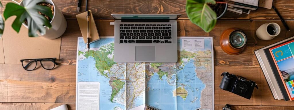 Laptop on a world map surrounded by travel accessories, including glasses, a camera, and a plant, illustrating travel planning and exploration themes relevant to West Palm Beach tourism.