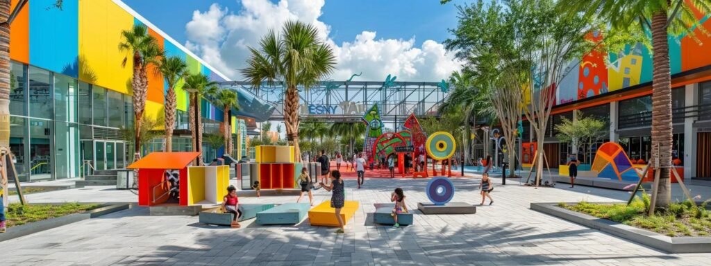 Vibrant urban playground in West Palm Beach with colorful structures, children playing, and palm trees, highlighting family-friendly activities and outdoor adventures.