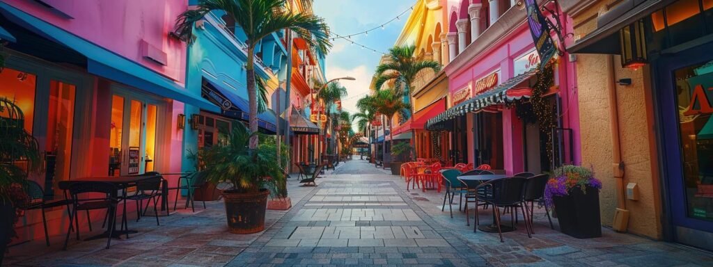 Vibrant urban street scene in West Palm Beach, featuring colorful buildings, outdoor seating, palm trees, and inviting cafes, highlighting the city's lively atmosphere and cultural charm.