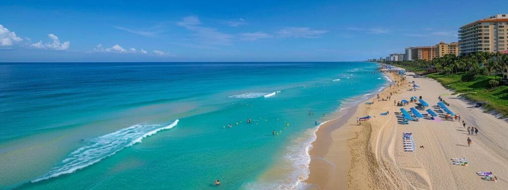 Vibrant beach scene in West Palm Beach with clear blue water, sandy shoreline, and sunbathers enjoying outdoor activities under a sunny sky.