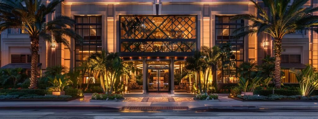 Luxurious hotel entrance illuminated at night, surrounded by tropical palm trees and vibrant landscaping, showcasing upscale accommodations in West Palm Beach.