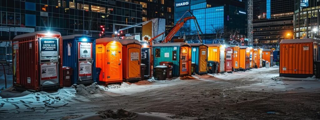 Row of brightly colored porta potties in an urban construction site, illuminated at night, showcasing various rental options for events and projects.