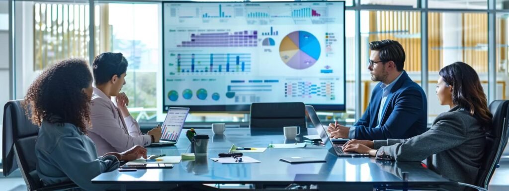Group of professionals in a modern office meeting, analyzing data on a large screen featuring charts and graphs, discussing local SEO strategies for porta potty rental services.