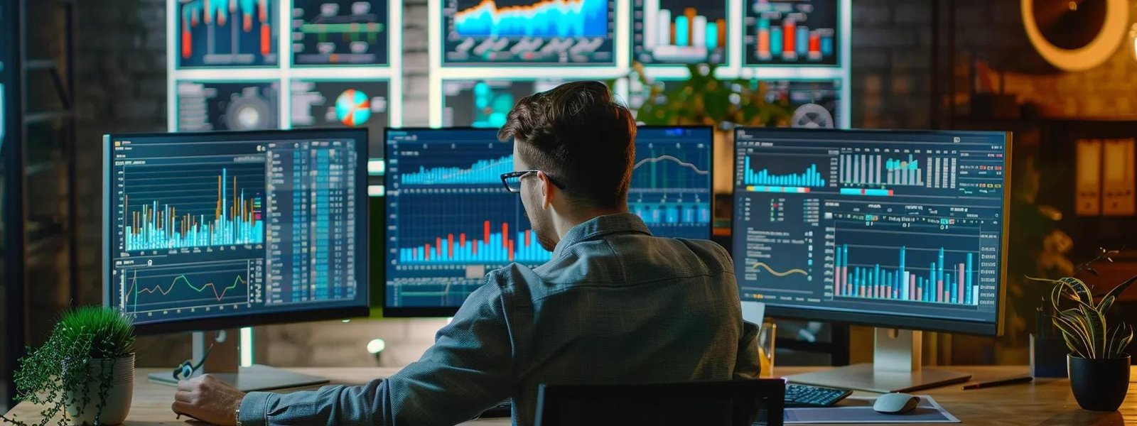 Person analyzing data on multiple monitors in a dynamic workspace, showcasing graphs and charts relevant to local SEO and digital marketing strategies for porta potty rental services.