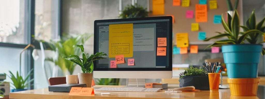 Modern office workspace with a computer displaying notes, surrounded by plants and colorful sticky notes, illustrating a productive environment for local SEO strategies.