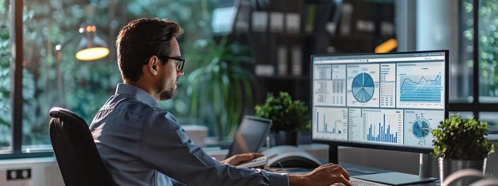Man analyzing data on a large computer screen in a modern office, illustrating on-page SEO strategies for local rankings in the porta potty rental industry.