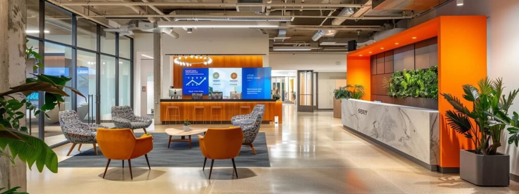 Modern office interior with sleek design, featuring orange accent wall, marble reception desk, cozy seating area with patterned chairs, and vibrant greenery, reflecting a professional environment suitable for portable restroom rental services marketing in West Palm Beach.