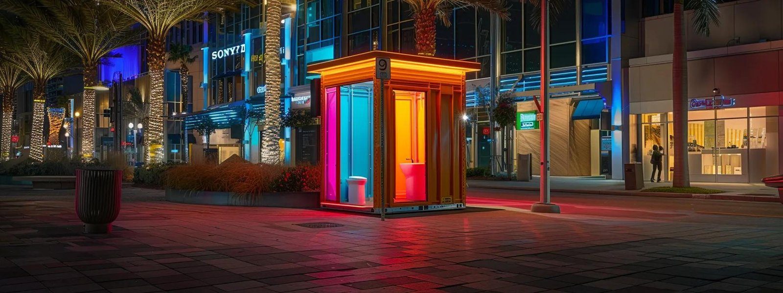 Colorful modern portable restroom in urban West Palm Beach setting, illuminated at night, surrounded by palm trees and commercial buildings, showcasing innovative design for portable restroom rentals.
