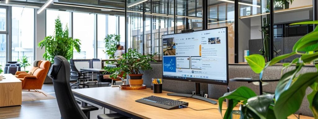 Modern office workspace with a computer monitor displaying a website, surrounded by plants and ergonomic furniture, reflecting a professional environment for enhancing local SEO strategies in the porta potty rental industry.