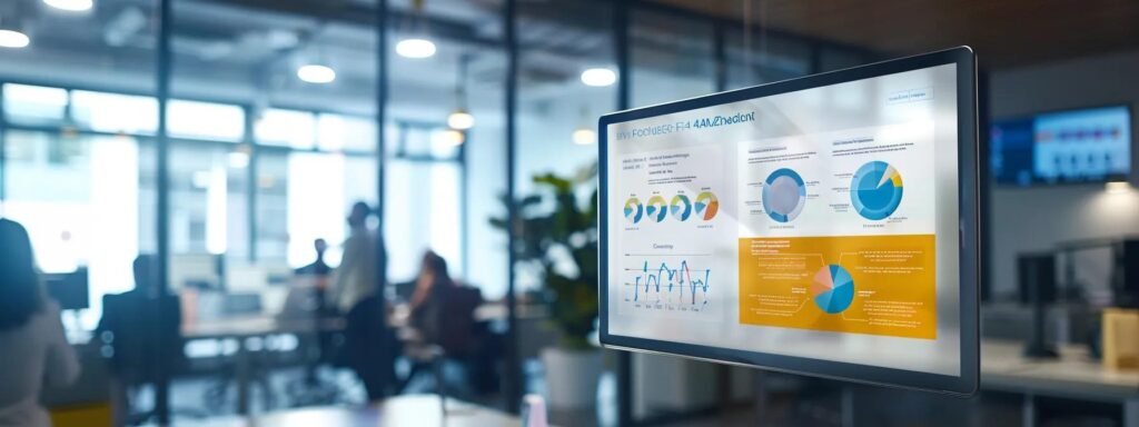 Modern office setting with digital display showcasing analytical charts and graphs, emphasizing data-driven decision-making for portable restroom rental services in West Palm Beach.