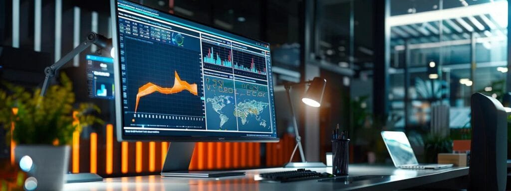 Modern office workspace featuring a large monitor displaying data analytics and charts, emphasizing on-page SEO performance metrics and local ranking strategies for porta potty rental businesses.