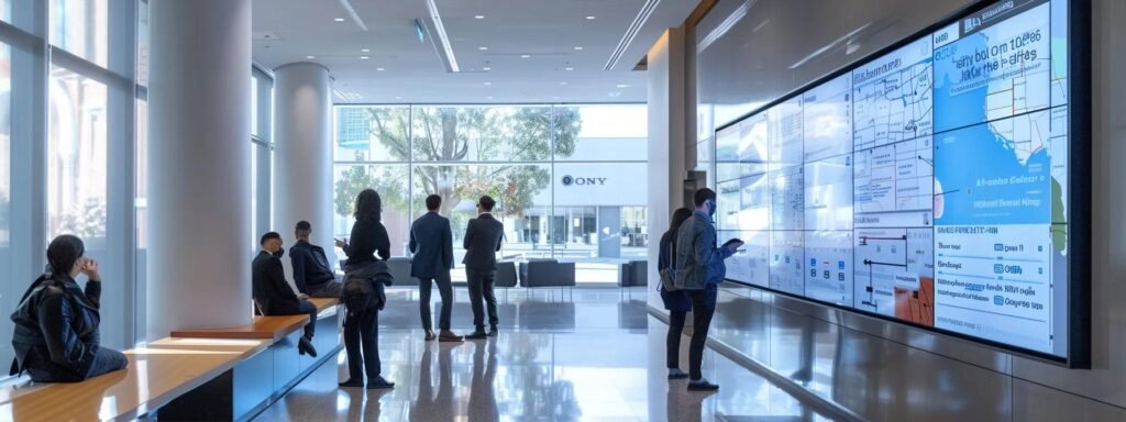 Modern office lobby with digital display screens showing maps and information, people engaging with the screens, and a mix of casual and business attire.