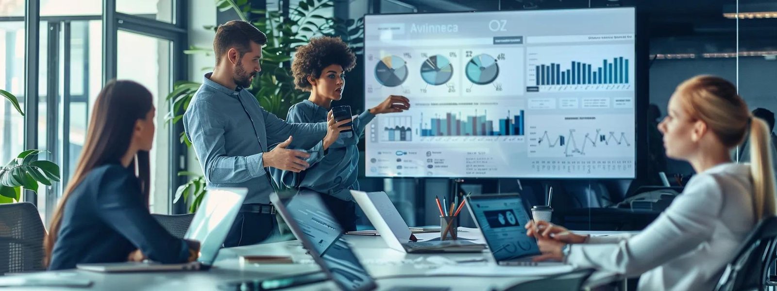 Business meeting in a modern office with professionals discussing data analytics, charts displayed on a screen, and laptops on the table.