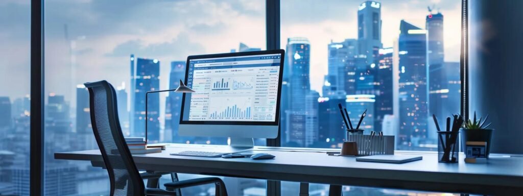 Sleek modern office workspace with a computer displaying analytical data, overlooking a city skyline, emphasizing productivity and efficient business operations.
