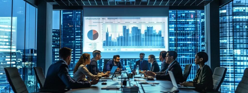 Business meeting in a modern office, analyzing data on a projector screen, discussing NAP optimization and local SEO strategies for porta potty rental companies.