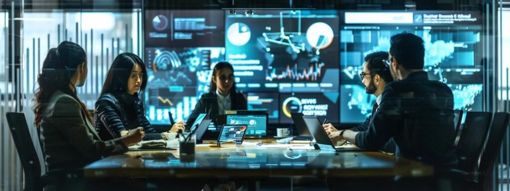 Business meeting in a modern office with diverse professionals analyzing data on screens, discussing local SEO strategies and lead generation for porta potty rentals.