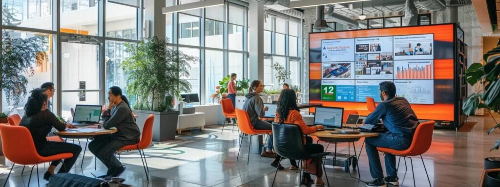 Vibrant urban office space with people collaborating at tables, large digital display showing data analytics, and greenery enhancing the environment, illustrating a modern workspace for effective local SEO strategies.
