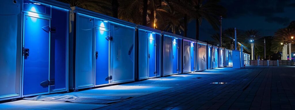 Portable restroom trailers illuminated at night, showcasing cleanliness and modern features, relevant for portable restroom rentals in West Palm Beach.