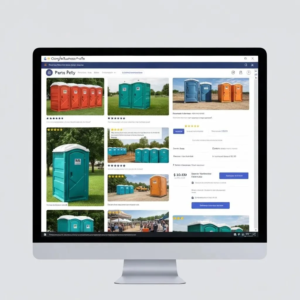 Computer screen displaying a Google Business Profile page for portable toilet rentals, featuring multiple images of colorful porta potties and user ratings, emphasizing local SEO and business visibility strategies.
