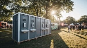Modern portable toilet setup with amenities at an outdoor event