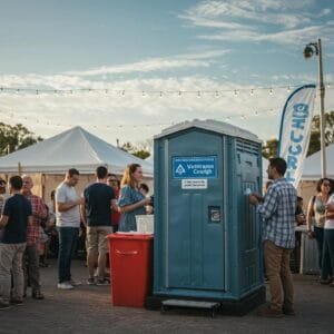 Clean porta potty unit at an outdoor event, highlighting effective sanitation services