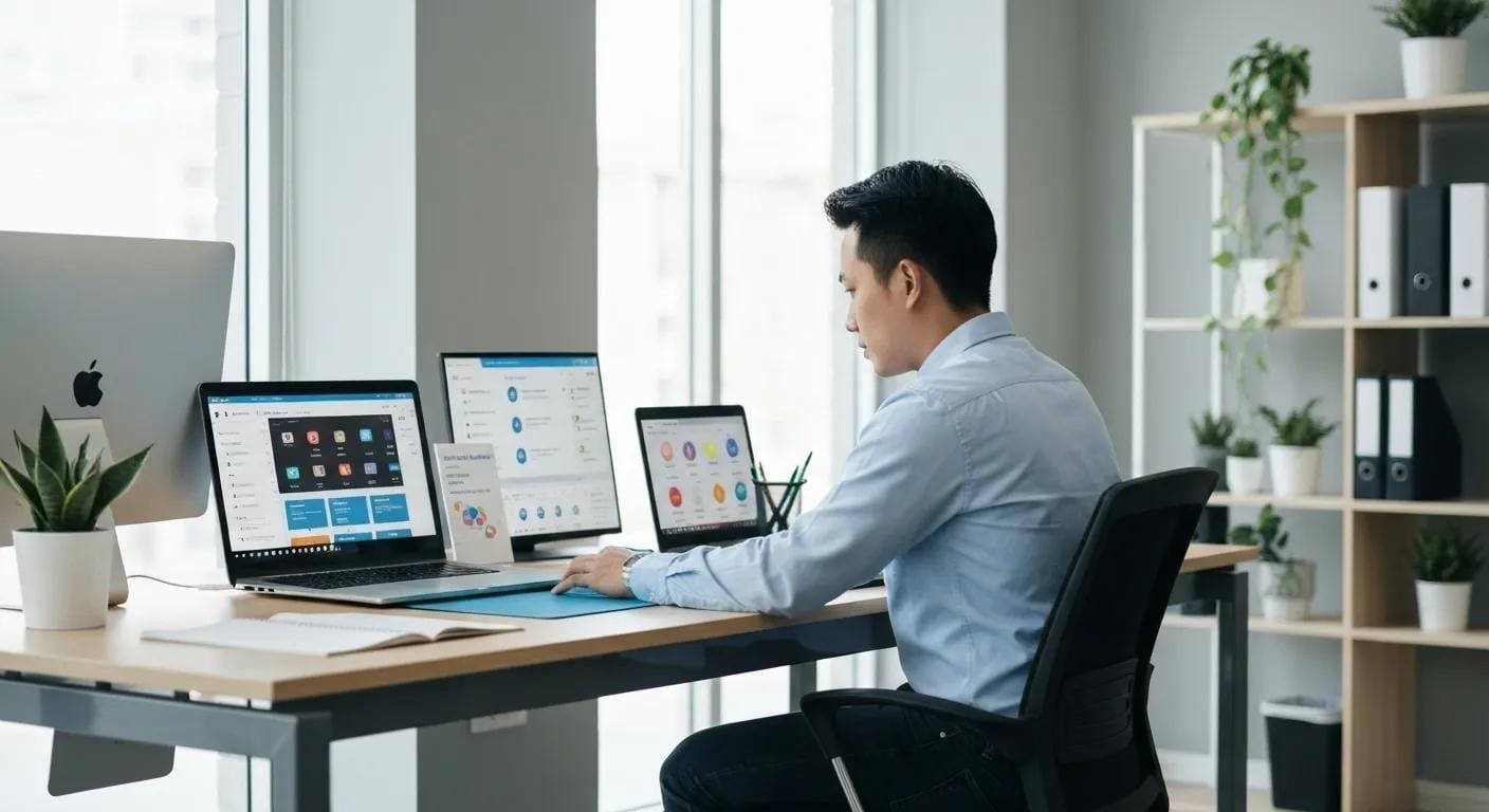 Person working at a desk with multiple screens displaying digital marketing analytics, emphasizing porta potty remarketing strategies in a modern office setting.