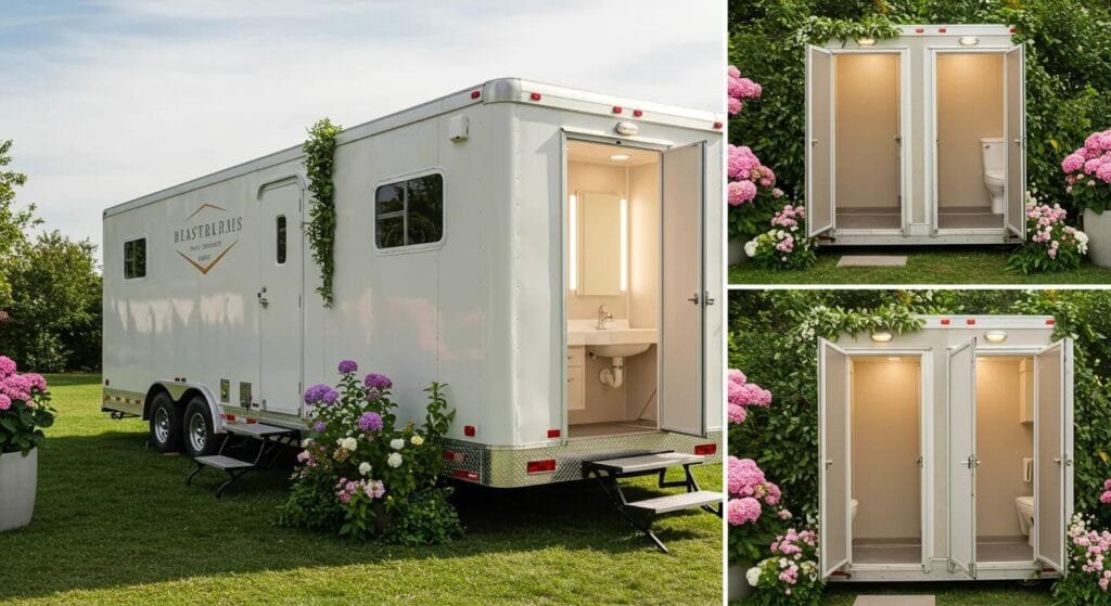 Luxury restroom trailer showcased in an Instagram post format with engaging visuals