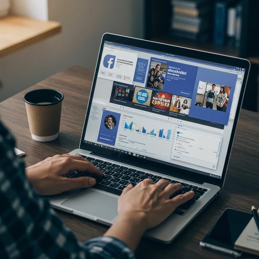 Digital marketing professional analyzing Facebook ad formats for portable toilet rentals