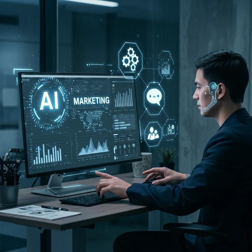 Futuristic office showing AI tech boosting marketing strategies