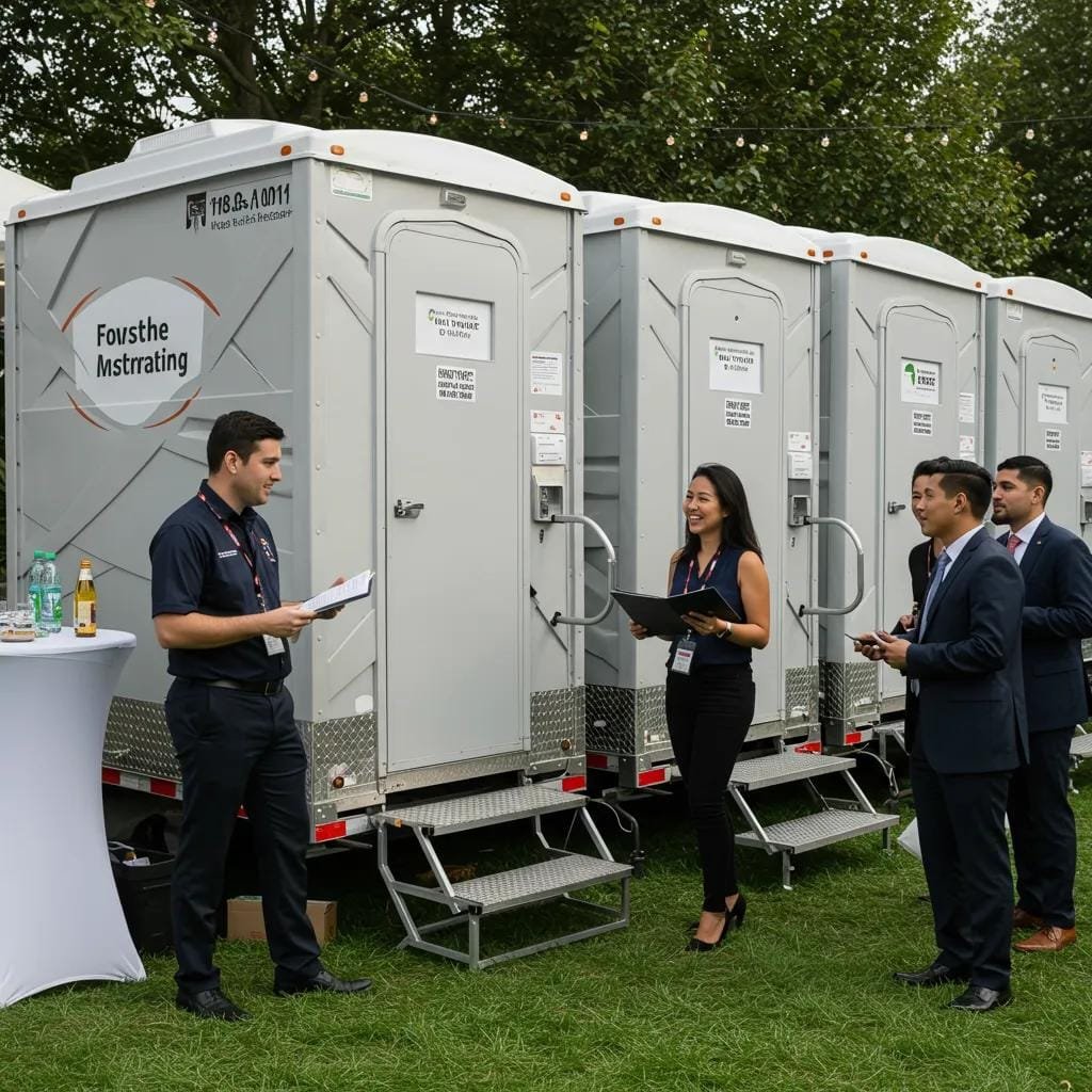 Event planners discussing logistics near modern portable restroom trailers at an outdoor event, highlighting rental services for porta potties.