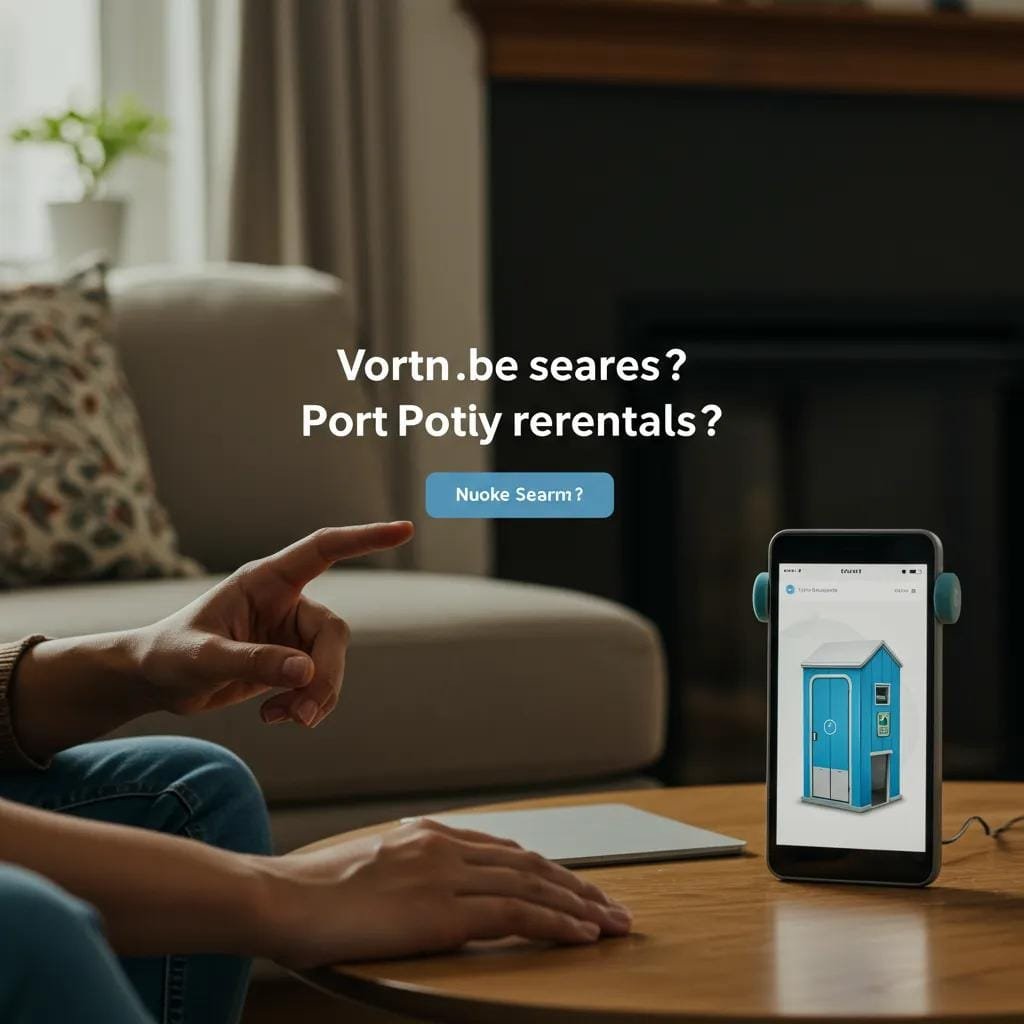 Person using a voice assistant to ask about porta potty rentals at home