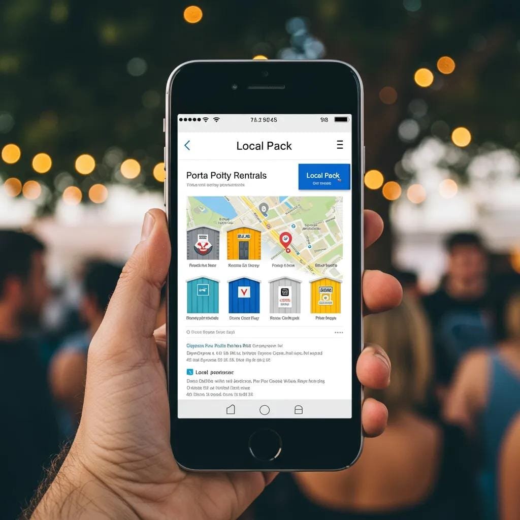 Smartphone showing local search results for porta potty rentals at an outdoor event
