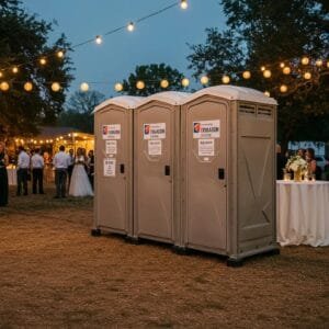 clean portable restroom unit at outdoor event, showcasing sanitation and branding