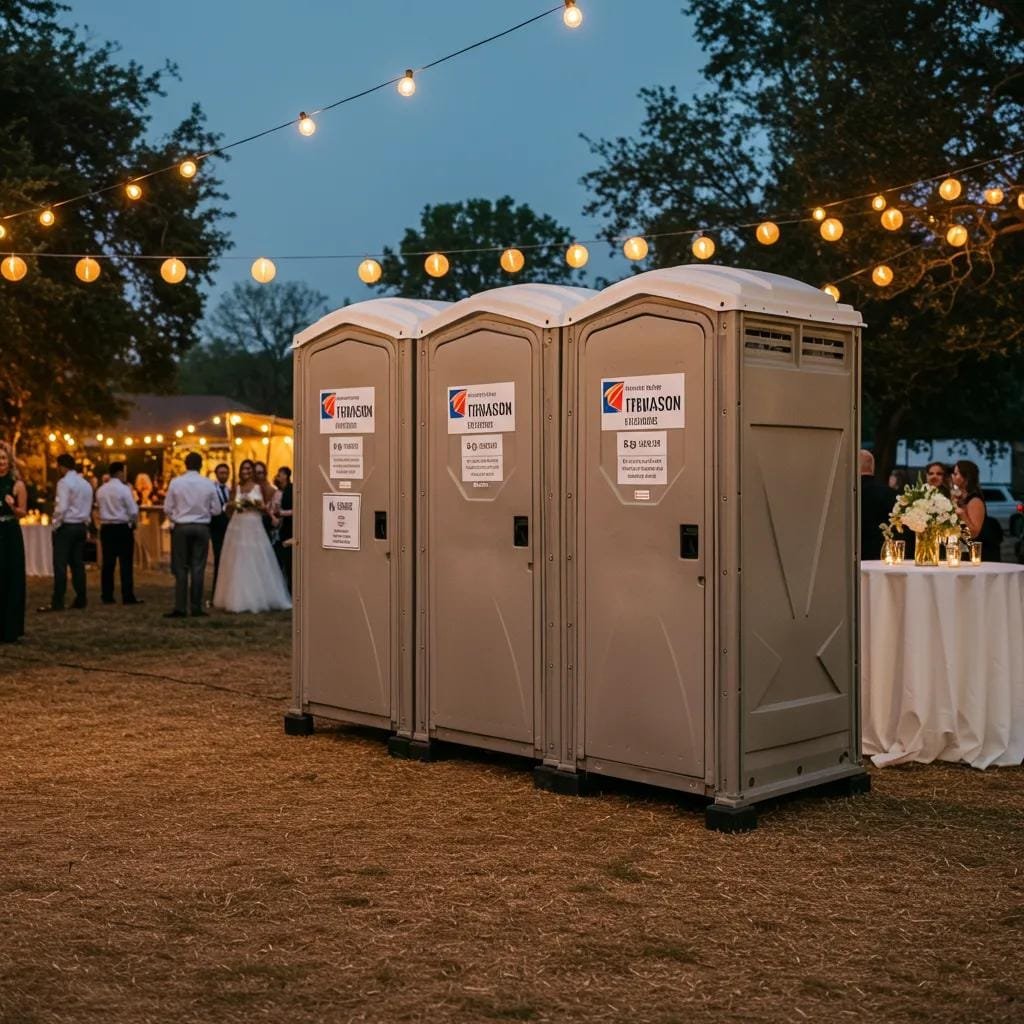 clean portable restroom unit at outdoor event, showcasing sanitation and branding