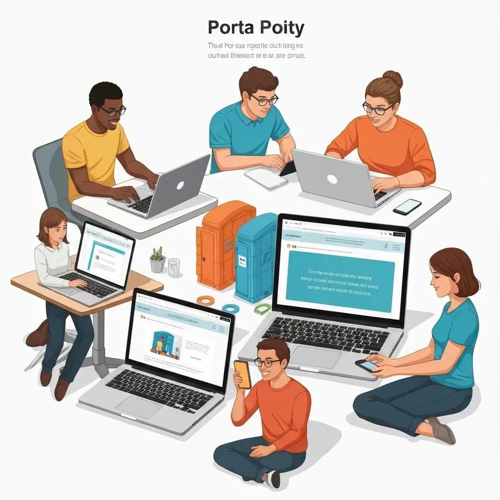 Diverse users engaging with a porta potty rental website on multiple devices, showcasing laptops and smartphones, emphasizing accessibility and user-friendly design.