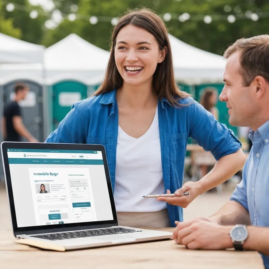 An event planner and contractor reviewing an accessible rental website and discussing its business benefits