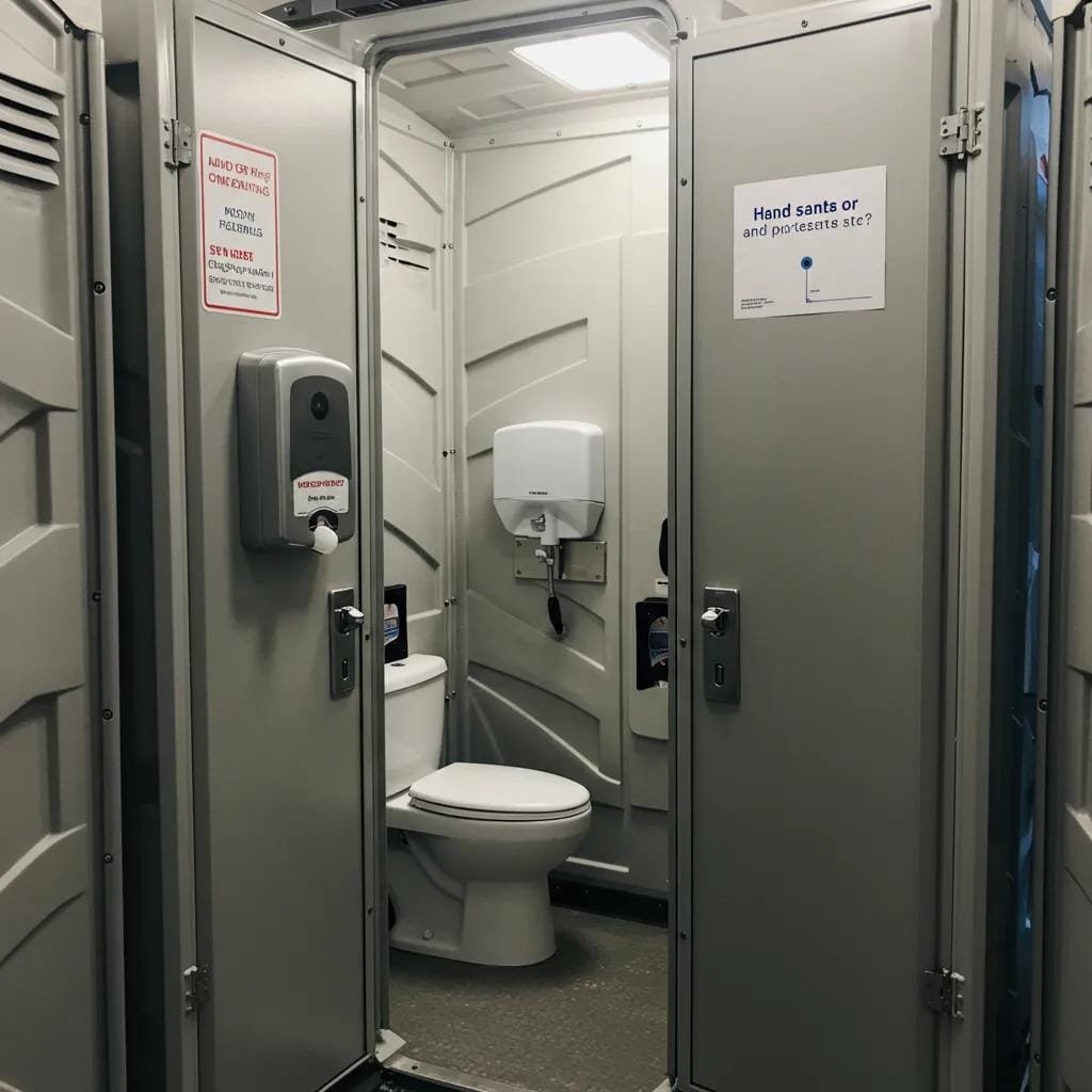 interior of a clean portable restroom with hand sanitizer and sanitation features
