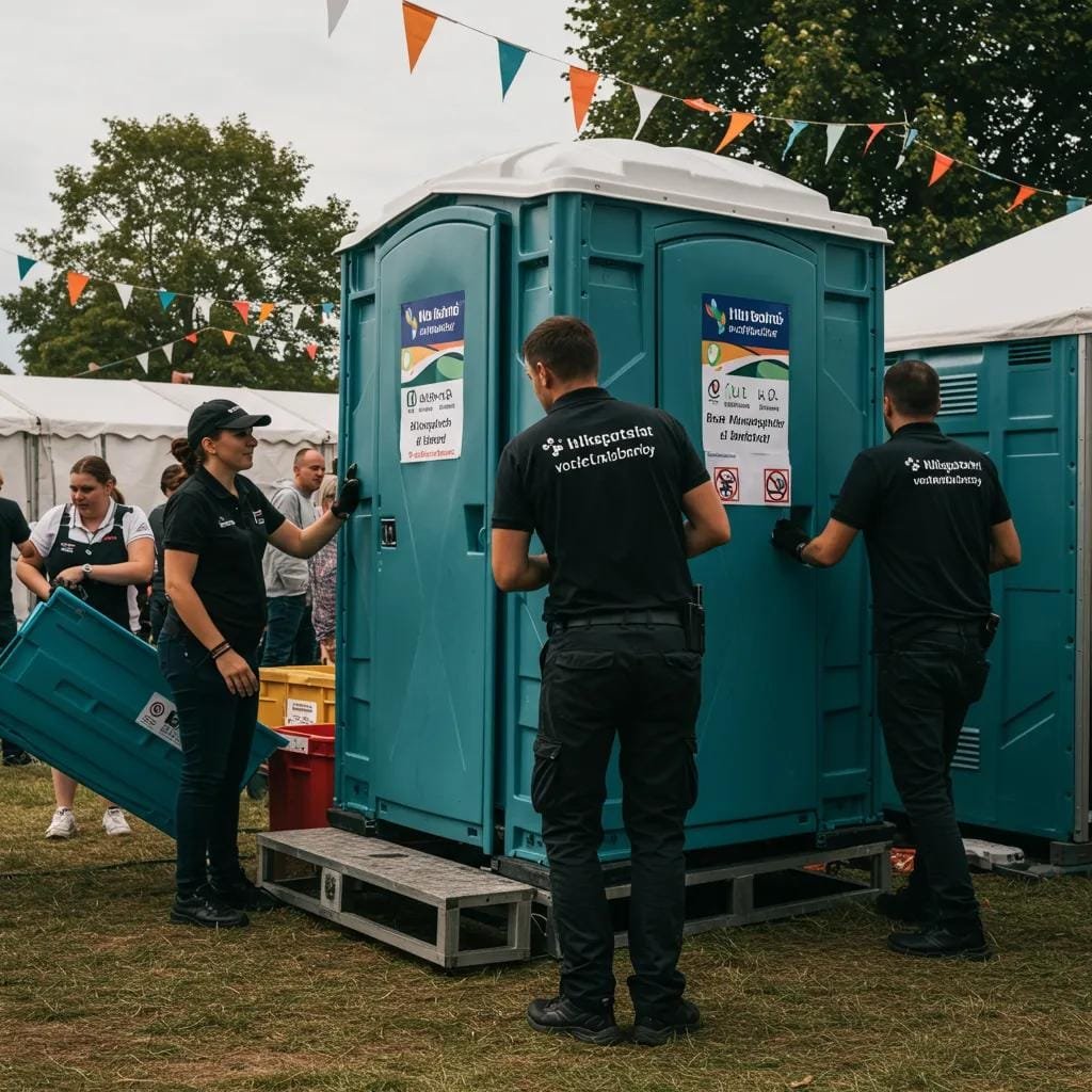 portable restroom setup at outdoor event with staff in branded uniforms