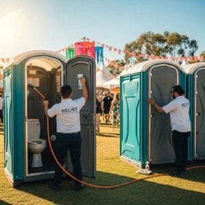 Clean porta potty at an outdoor event showcasing professionalism and service reliability